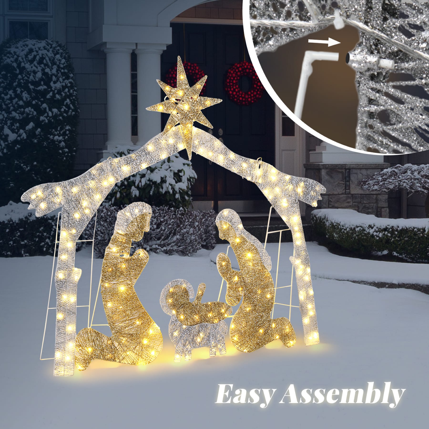 190 LED silver roof Nativity scene displayed in a snowy front yard with close-up of the frame connection