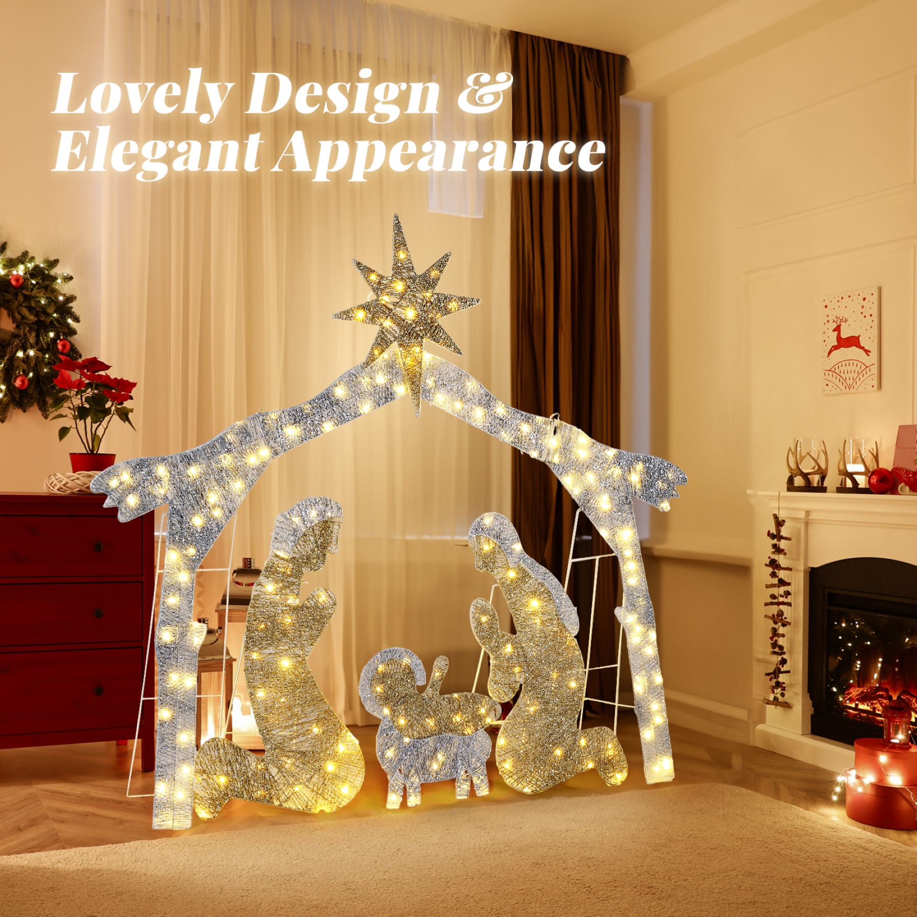 190 LED silver roof Nativity scene with Bethlehem star and illuminated figures displayed in a living room