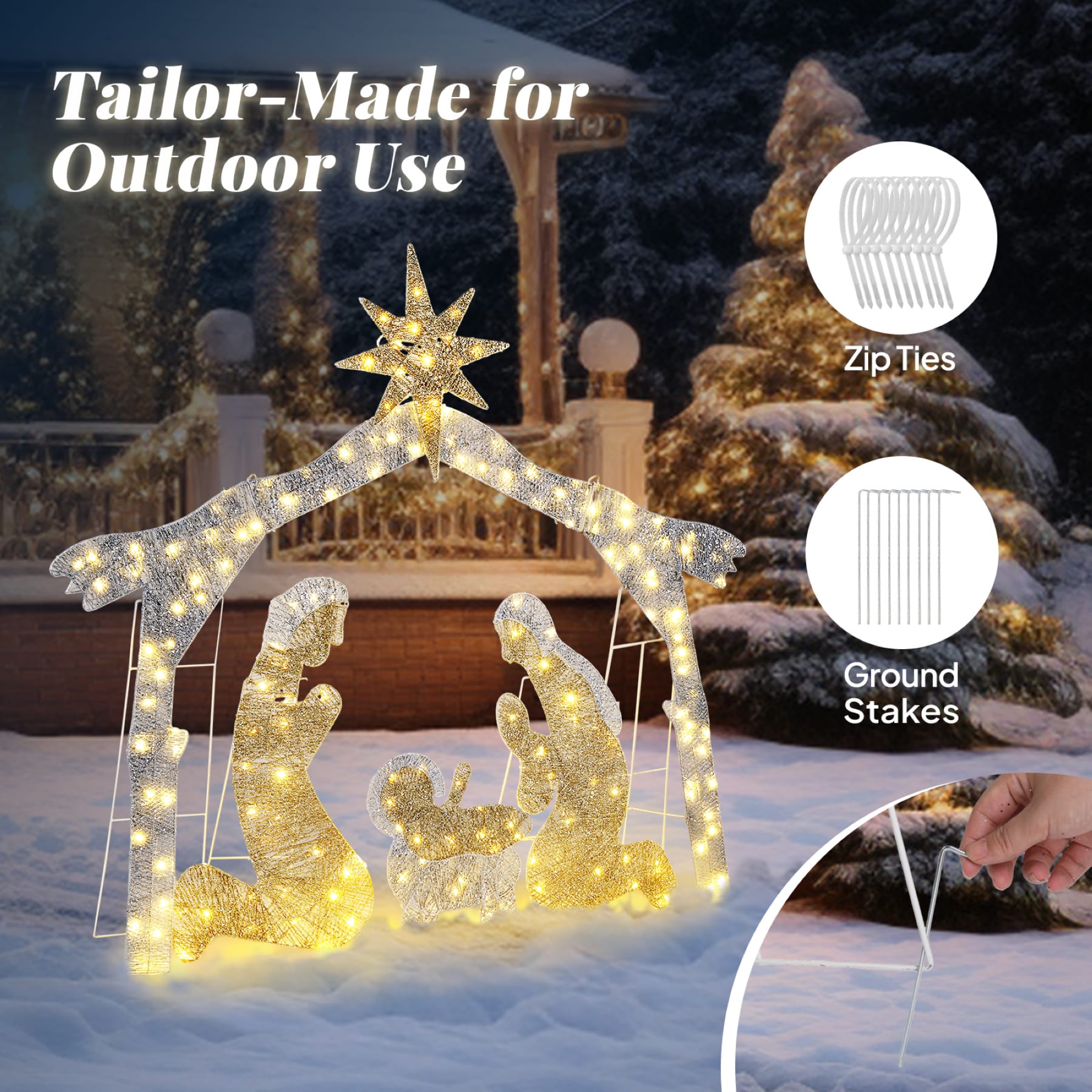 Silver roof lighted Nativity scene with 190 LED lights displayed in a snowy yard, showing zip ties and ground stakes for installation