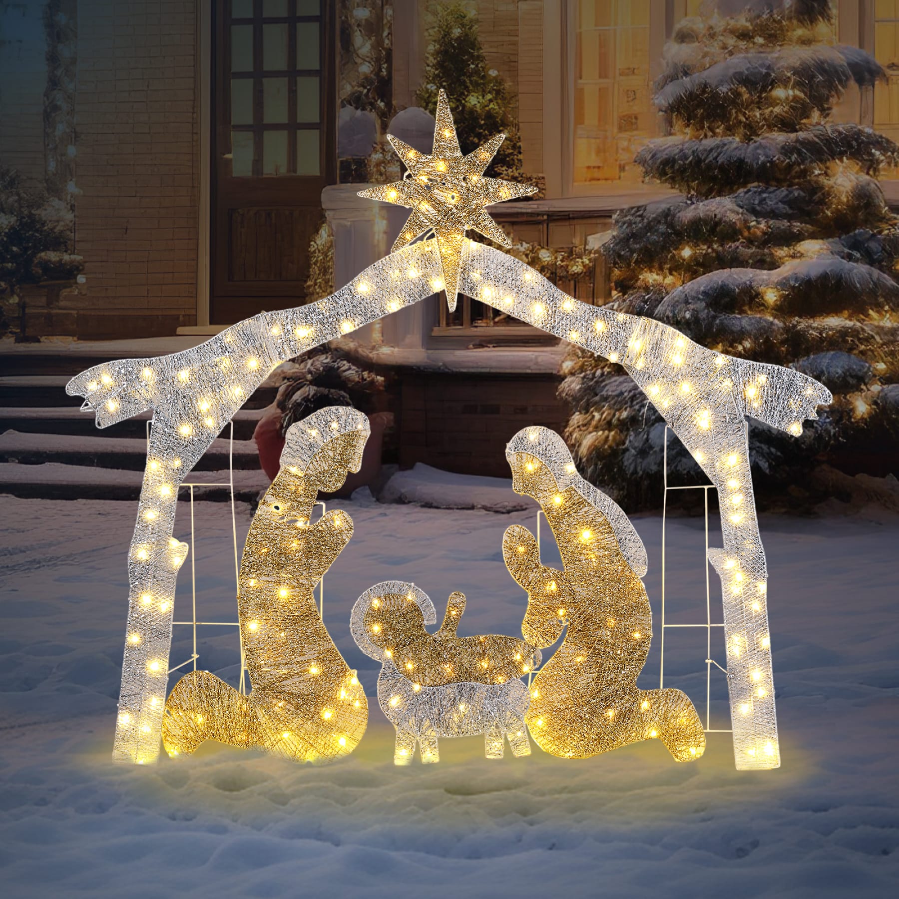 190 LED silver roof Christmas Nativity scene with Bethlehem star and illuminated figures displayed in a snowy front yard