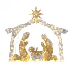 190 LED Christmas Nativity scene with silver manger roof, Bethlehem star, and illuminated figures on a white background