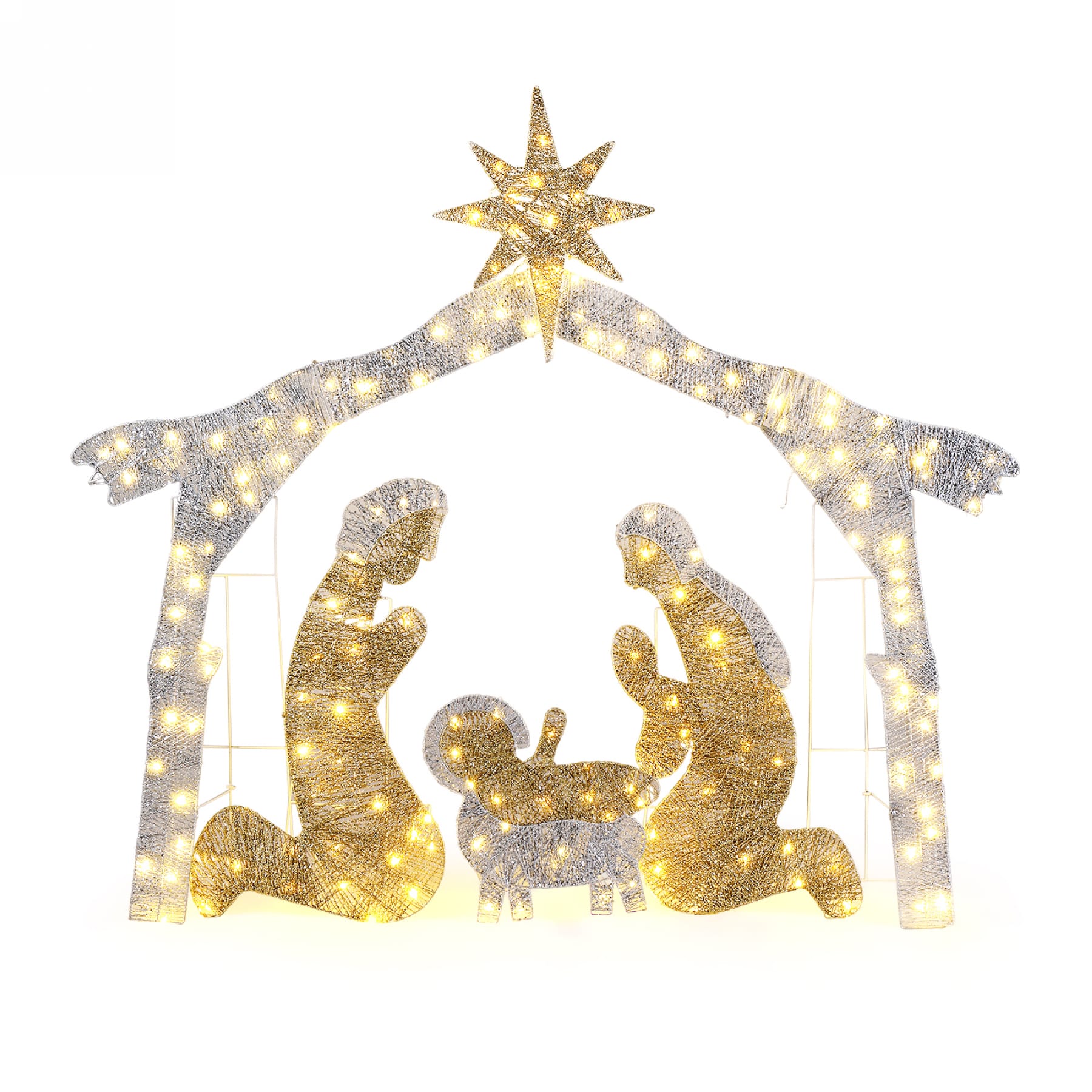 190 LED Christmas Nativity scene with silver manger roof, Bethlehem star, and illuminated figures on a white background