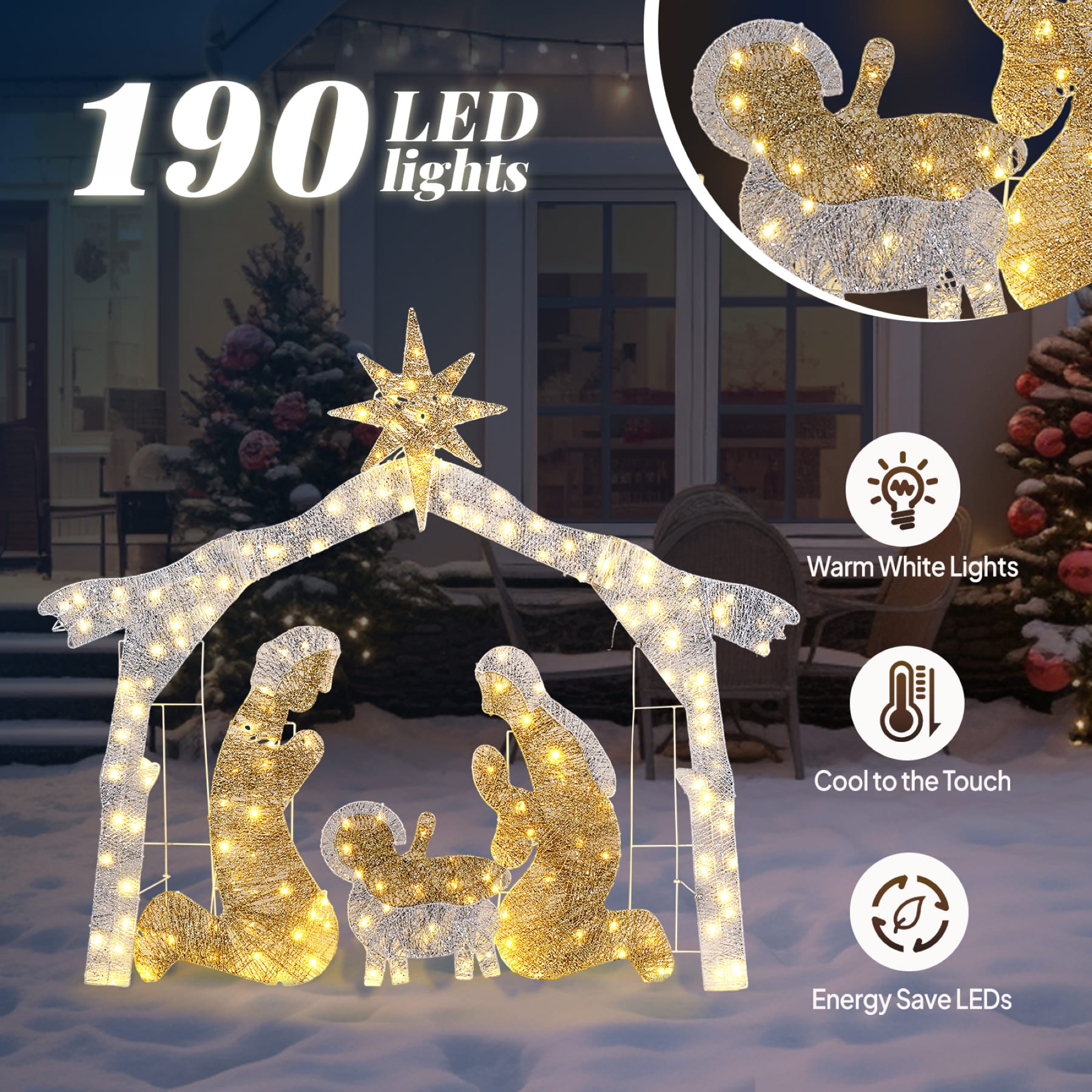 190 LED lighted Christmas Nativity scene with silver manger roof, Bethlehem star, and warm white lights displayed in a snowy yard