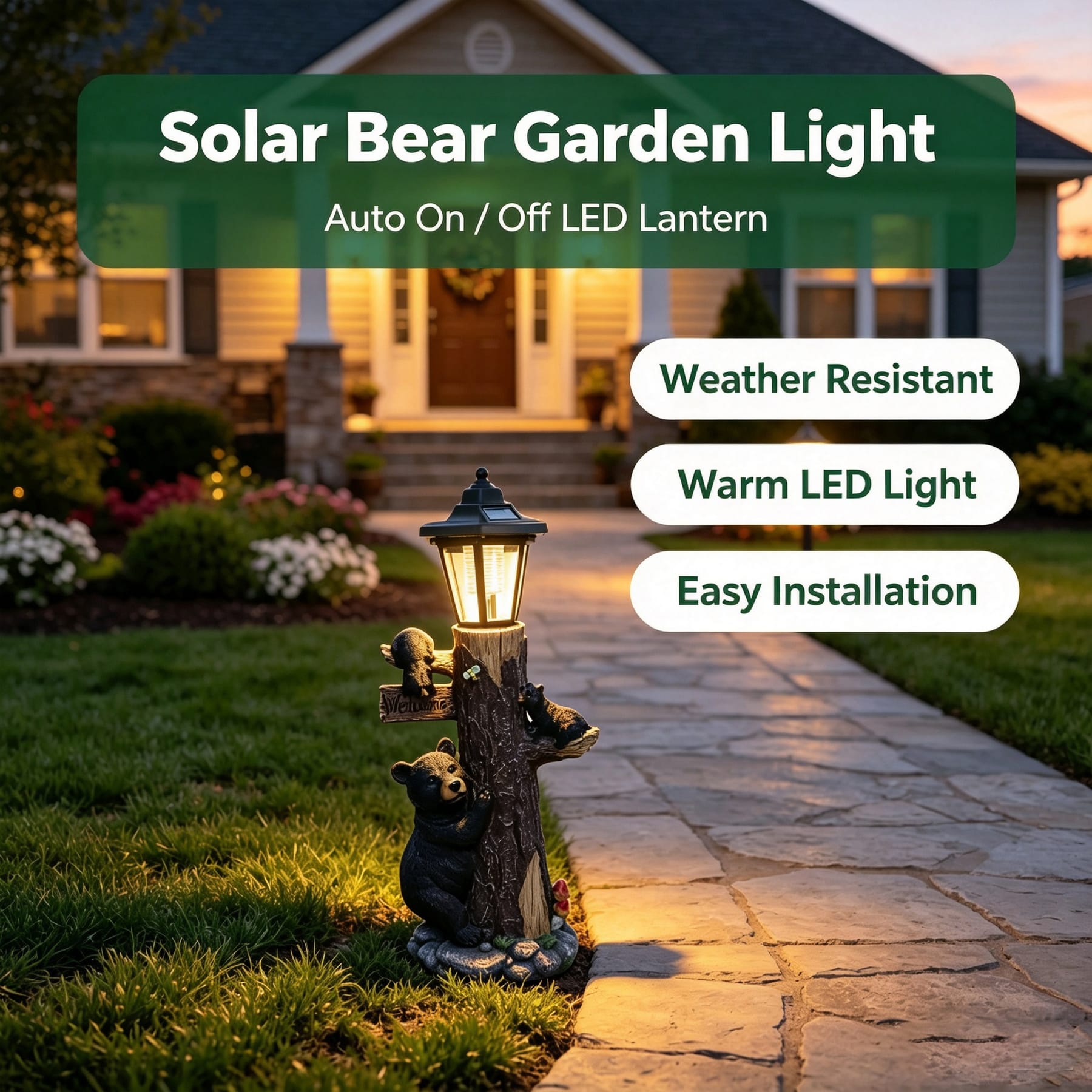 Solar bear garden light beside a front walkway with automatic LED lantern and welcome sign