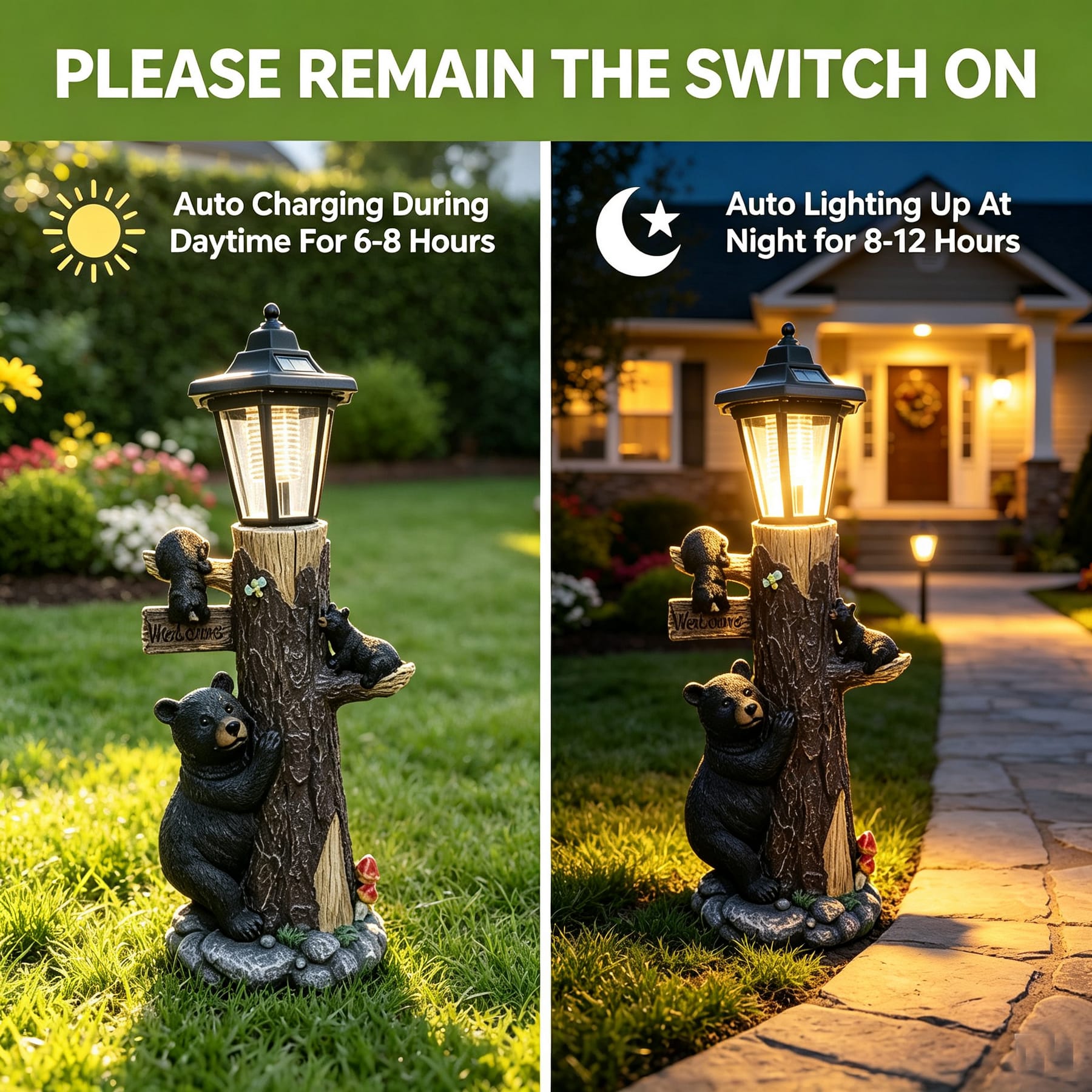 Solar bear garden light showing daytime charging and automatic nighttime illumination