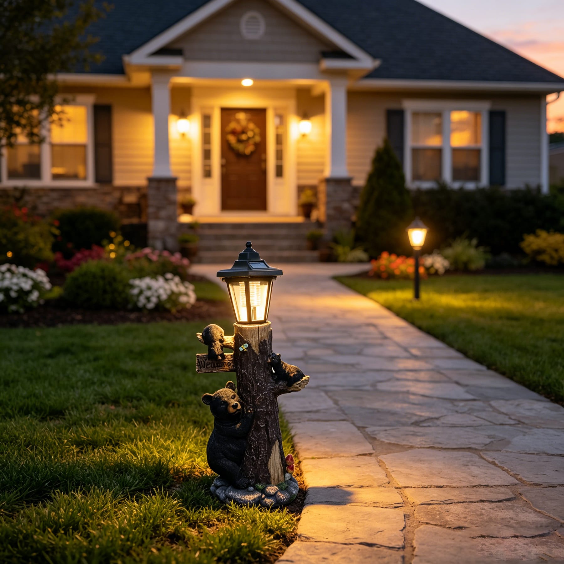 Solar bear garden statue with illuminated LED lantern beside a front walkway at dusk