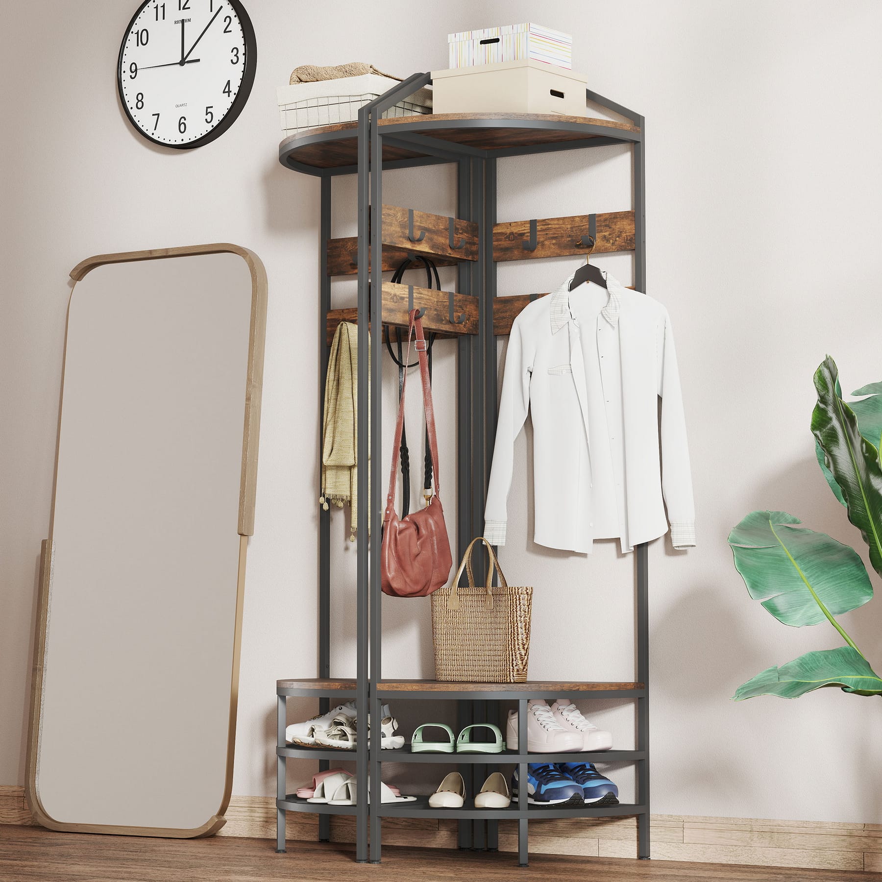 Two rustic brown corner hall trees placed together with coat hooks, storage shelves, and two-tier shoe racks