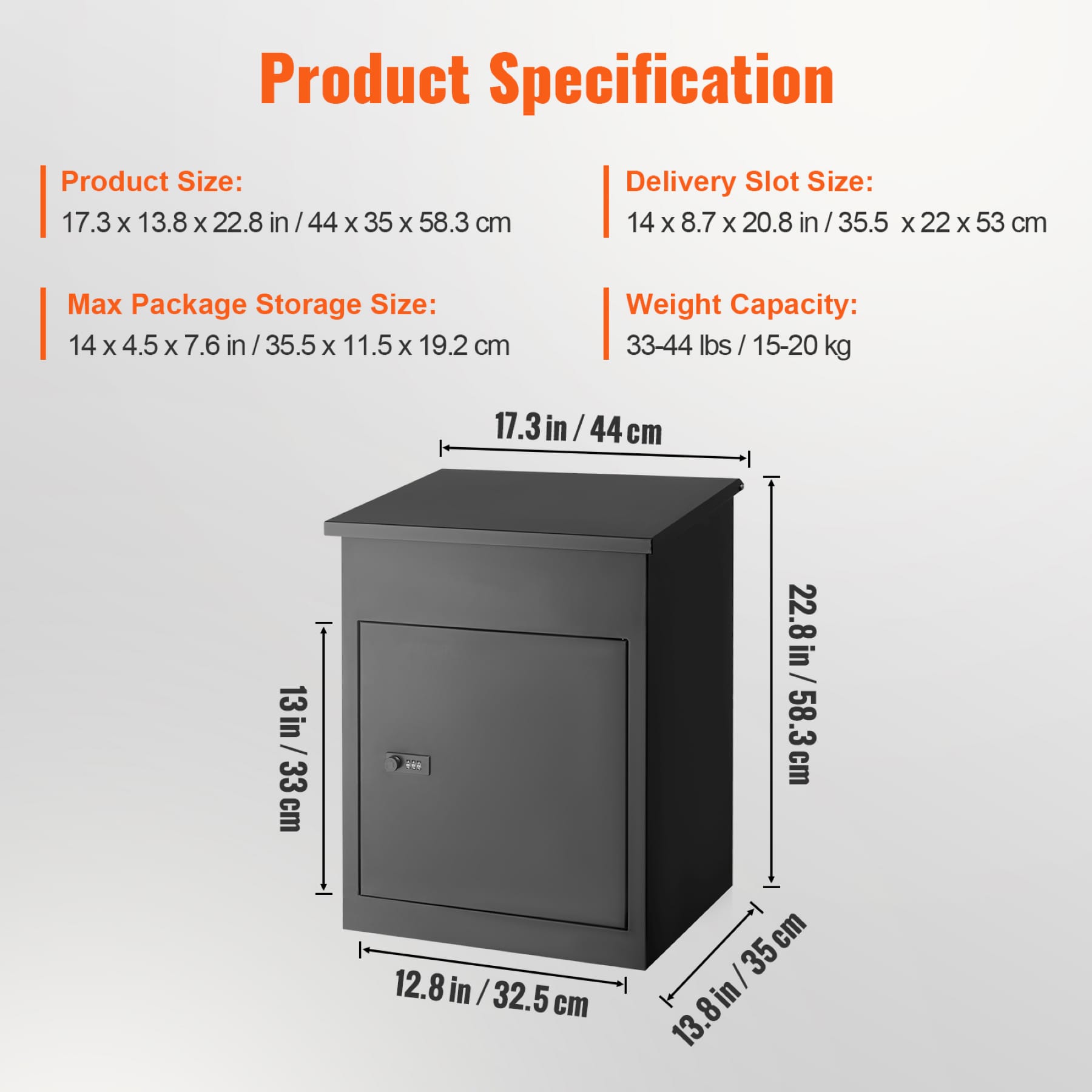Package delivery box specification guide showing overall size, delivery slot dimensions, maximum package size, and weight capacity
