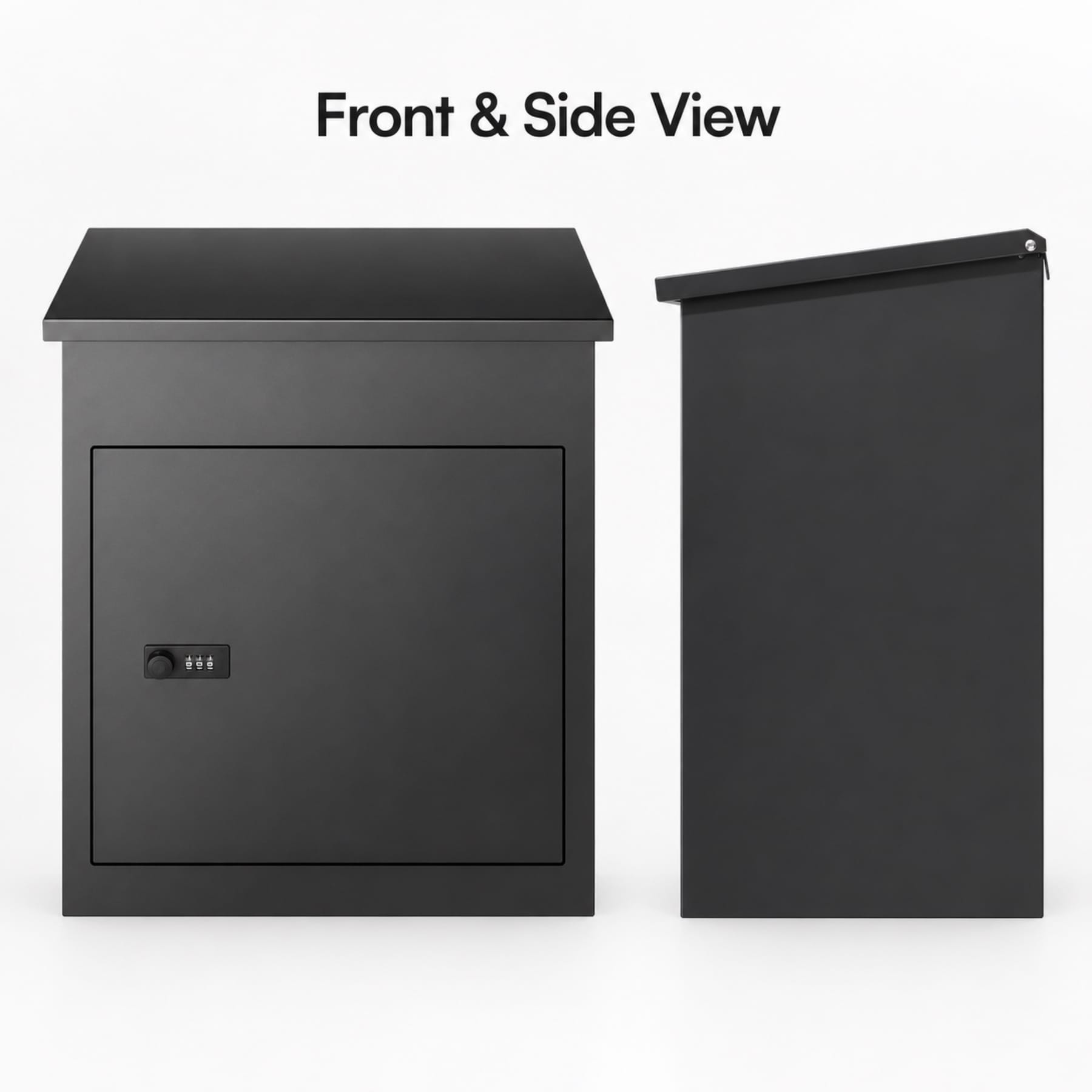 Black wall-mountable package delivery box shown from front and side with coded access door and sloped top