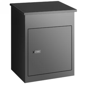 Black wall-mountable package delivery box with coded lock and top parcel drop opening on a white background
