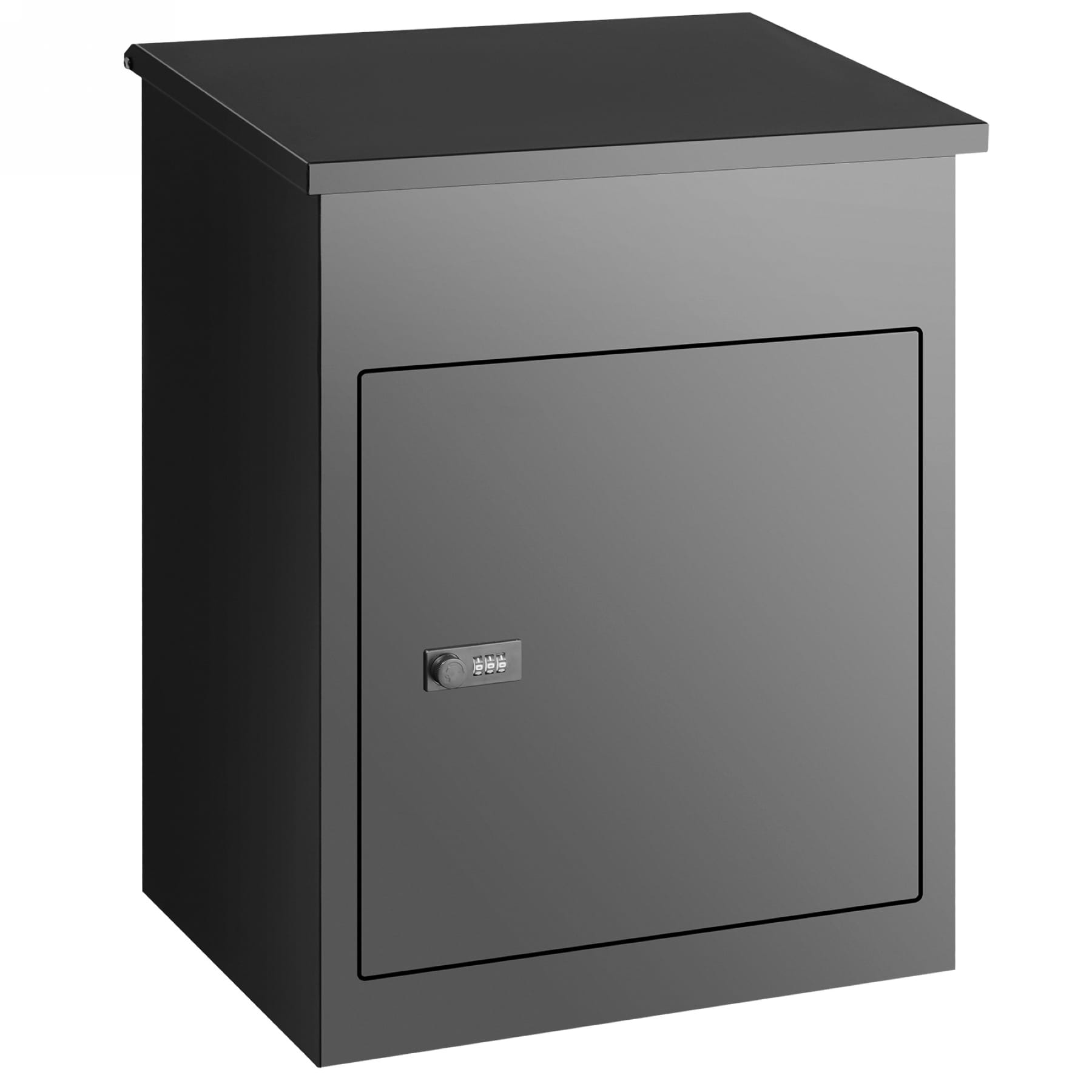 Black wall-mountable package delivery box with coded lock and top parcel drop opening on a white background