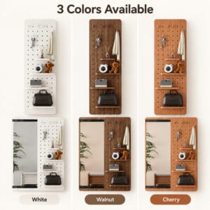 Wall-mounted full-length mirror with storage panel in White, Walnut, and Cherry finishes.