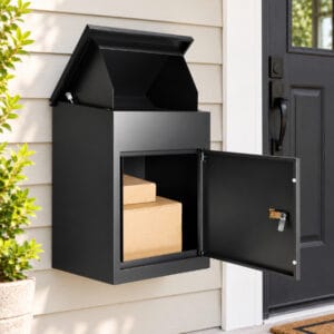 Black wall-mounted package delivery box with open retrieval door and parcels near a front entrance