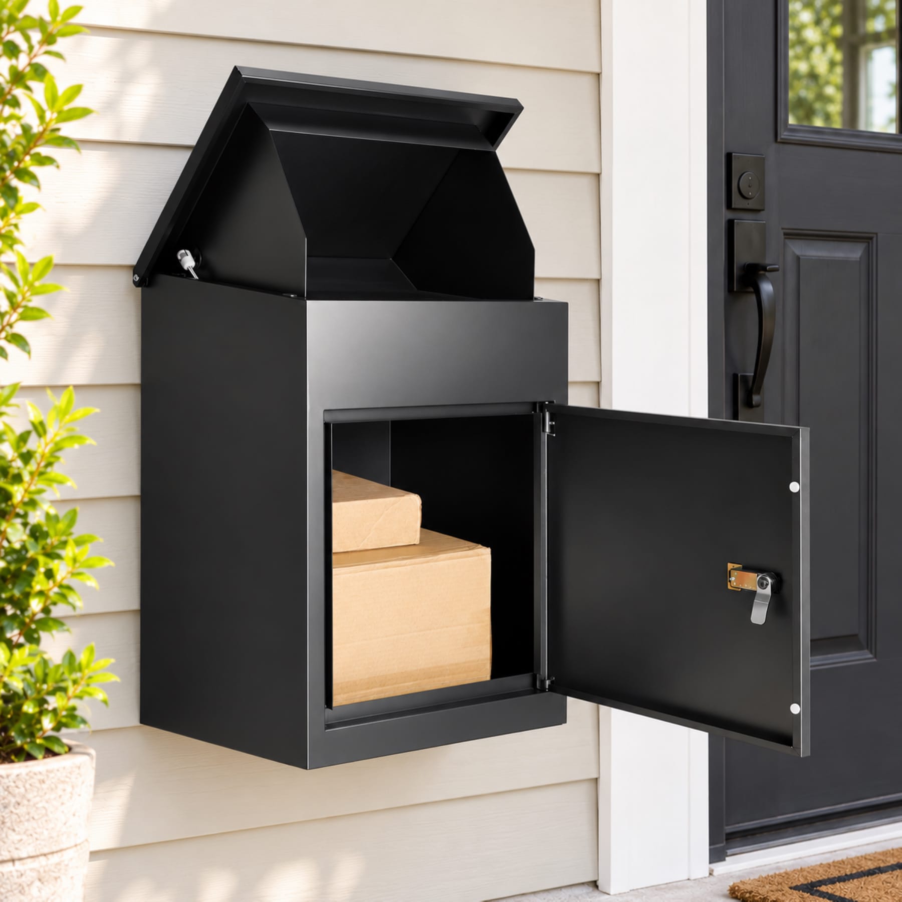 Black wall-mounted package delivery box with open retrieval door and parcels near a front entrance