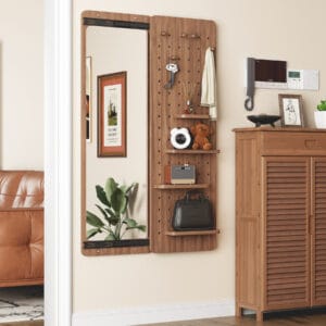 Walnut color wall-mounted full-length mirror with sliding organizer panel, shelves, and hooks.