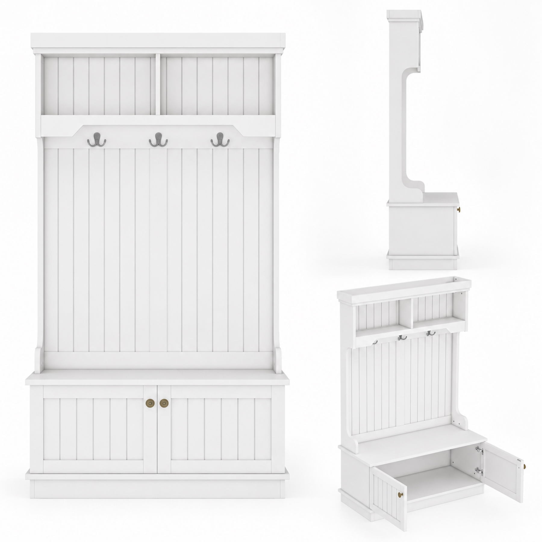White entryway hall tree shown from front side and open-cabinet views with coat hooks and upper shelves