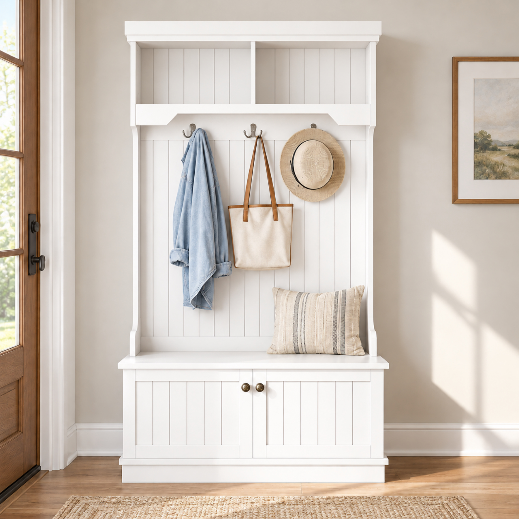 White hall tree with shoe storage bench three double coat hooks cabinet and upper shelves