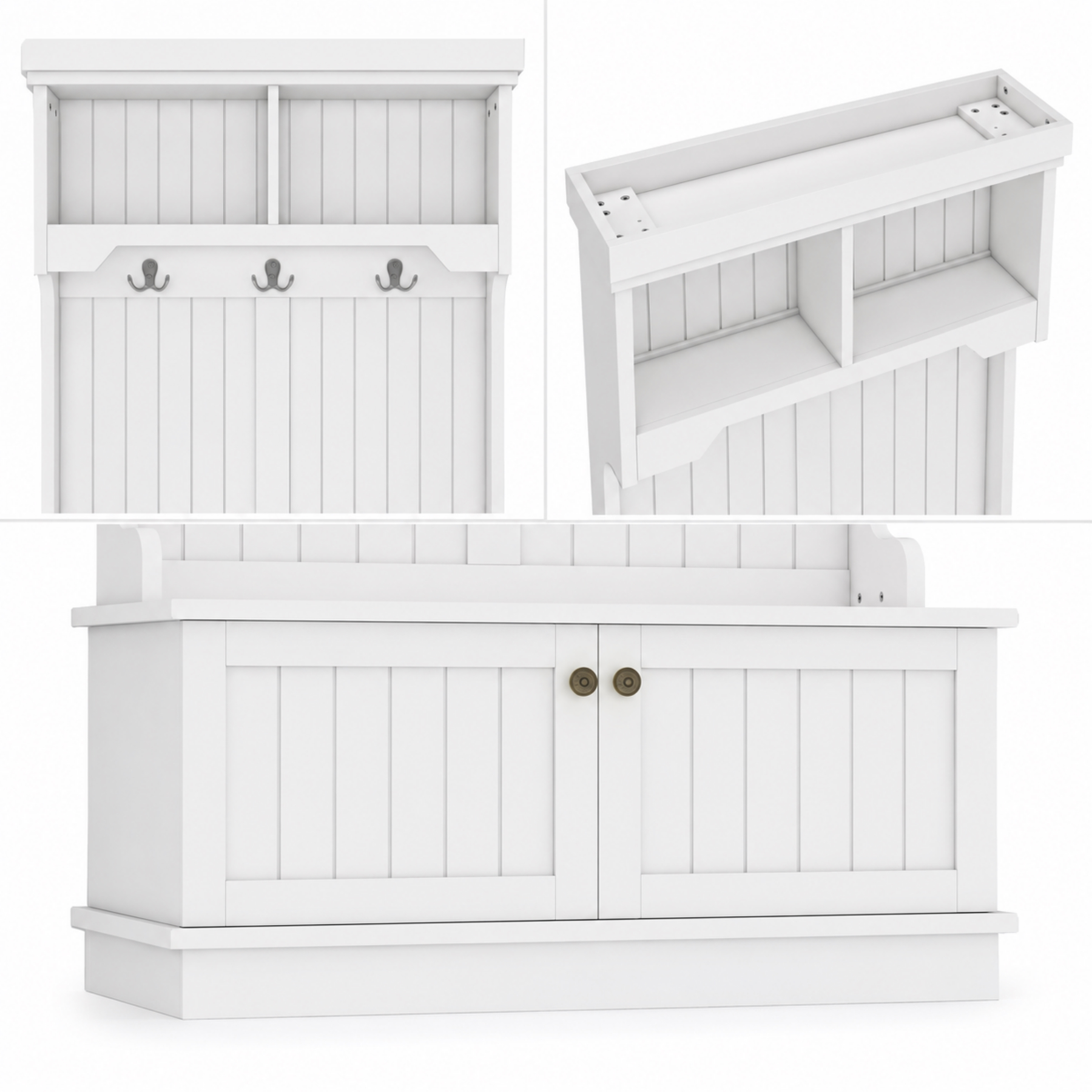 White hall tree detail collage showing upper shelves three double hooks and lower storage cabinet