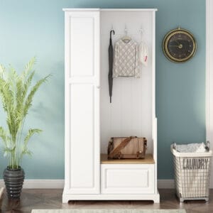 White hall tree with tall storage cabinet, flip-up bench, three hooks, and wood-look seat in an entryway