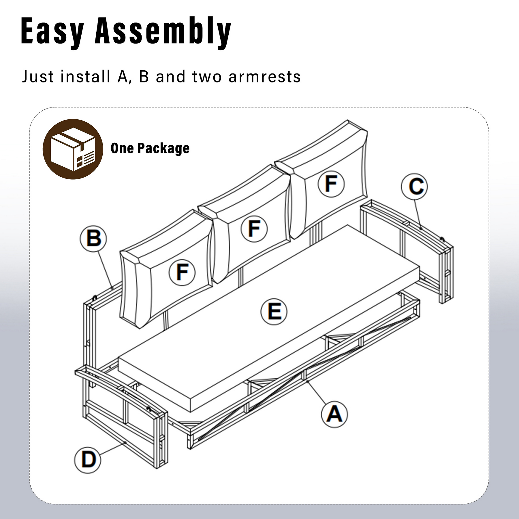 3-person wicker porch swing easy assembly guide showing frame and armrest installation parts